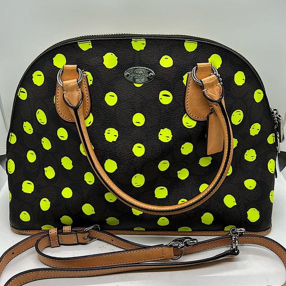 Coach Handbags - Coach Cora Neon Green Polka Dots Brown Leather Dome Crossbody Bag Purse 🌸🌸